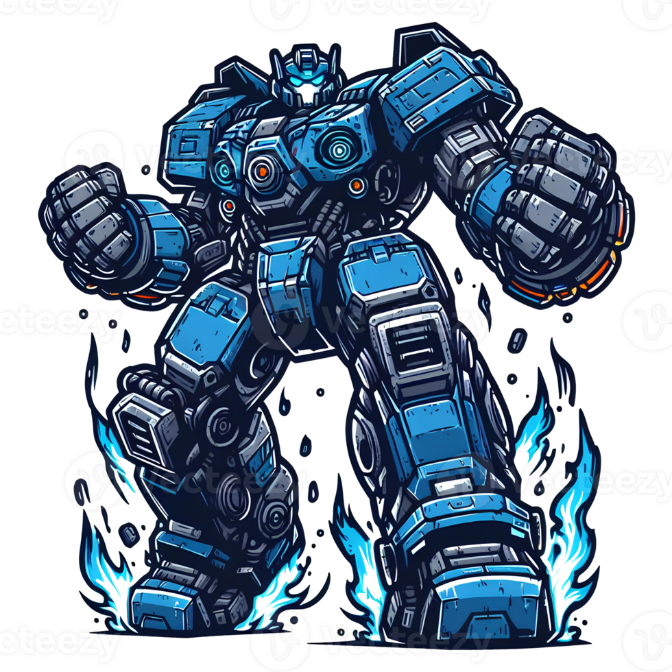 ai generato gigante blu robot cartone animato con blu fuoco energia png trasparente sfondo