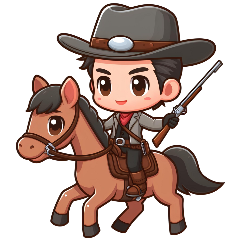 ai généré dessin animé personnage de une cow-boy équitation une cheval et armé png