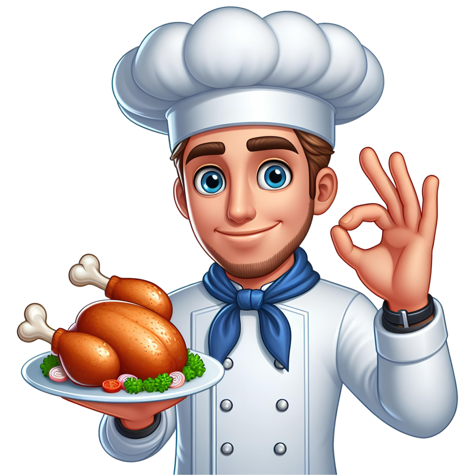 AI generated chef cartoon character holding fried chicken with OK finger pose png