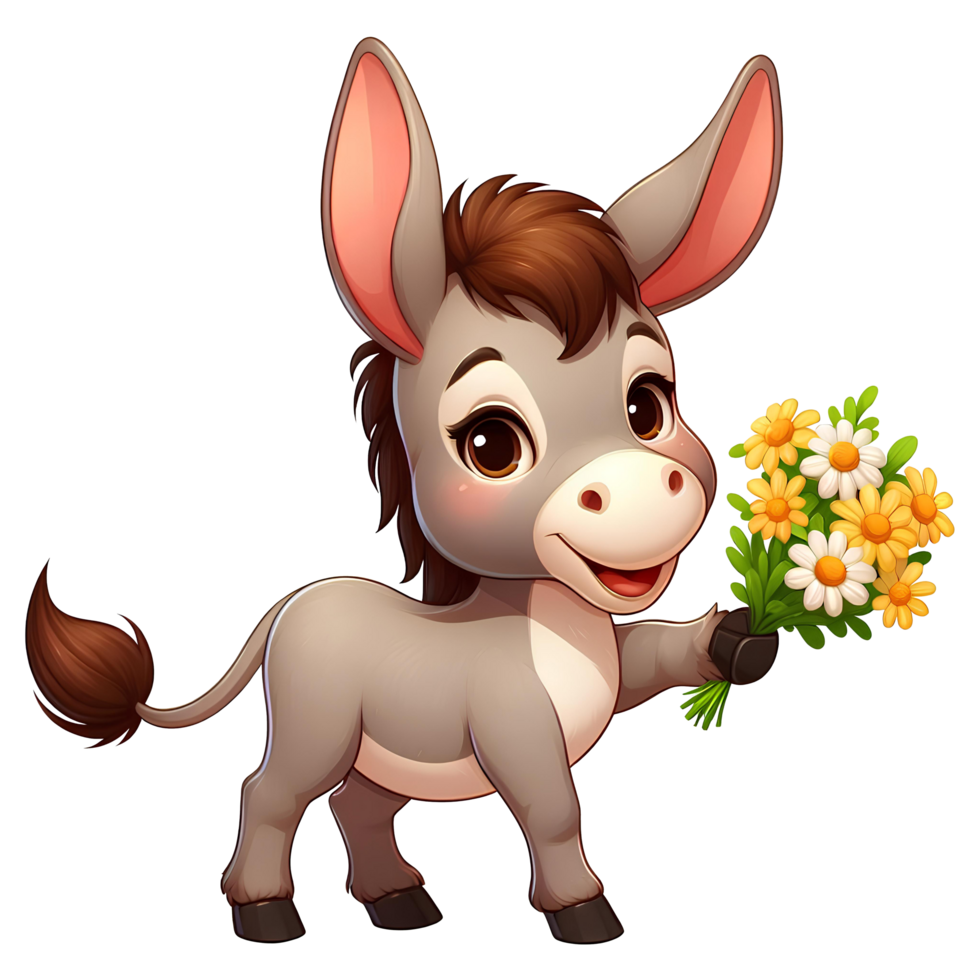 AI generated cartoon donkey holding flowers PNG transparent background