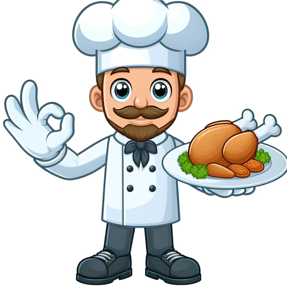 AI generated chef cartoon character holding fried chicken with OK finger pose png