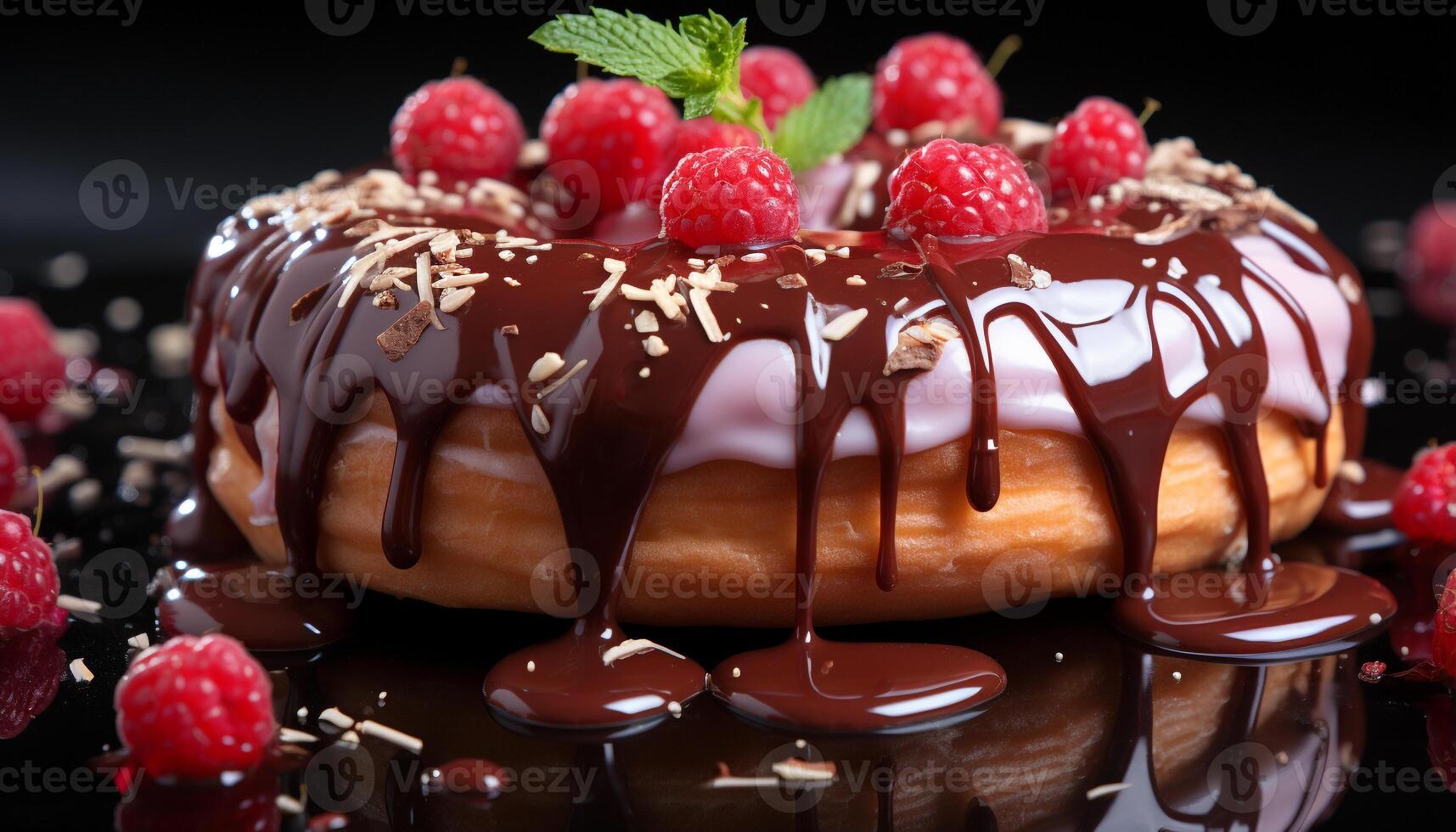 AI generated Freshly baked gourmet dessert with chocolate, raspberry, and strawberry toppings generated by AI photo