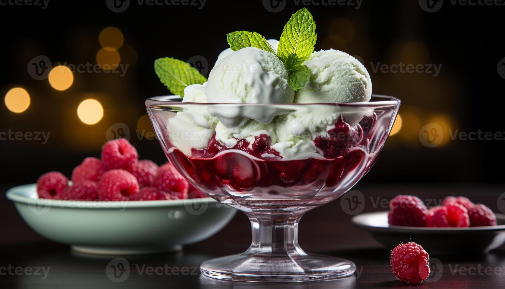 AI generated Fresh raspberry dessert on wooden table with mint leaf decoration generated by AI photo