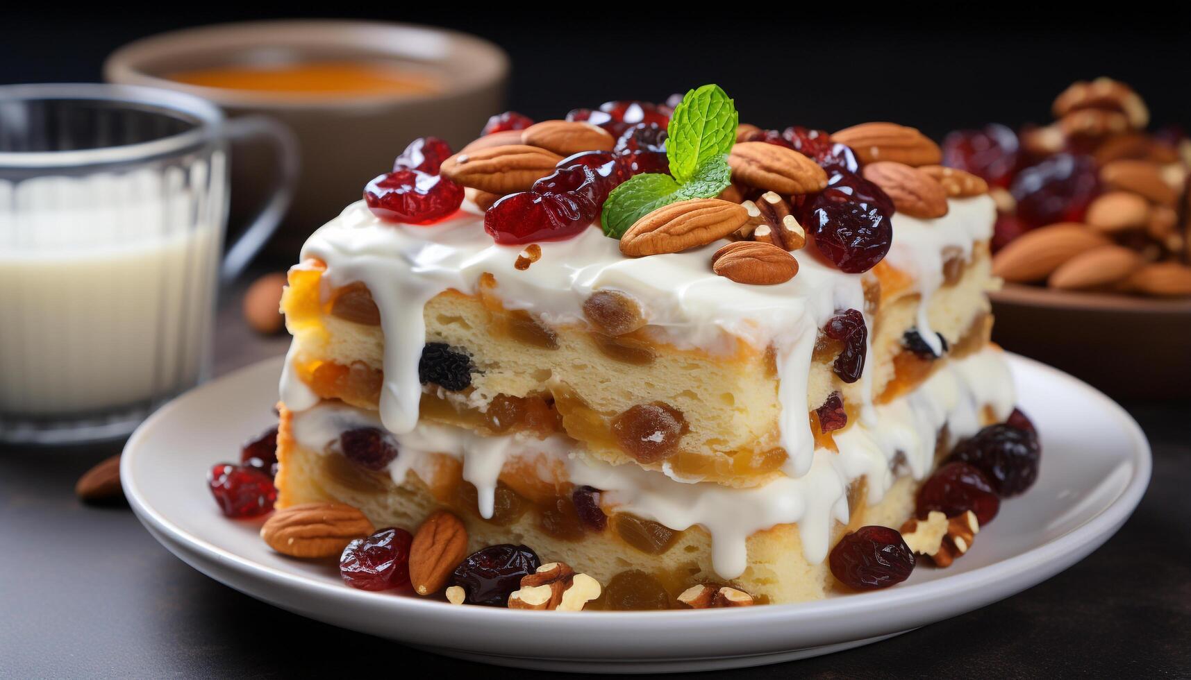 AI generated Homemade gourmet dessert fresh fruit, chocolate, and whipped cream generated by AI photo