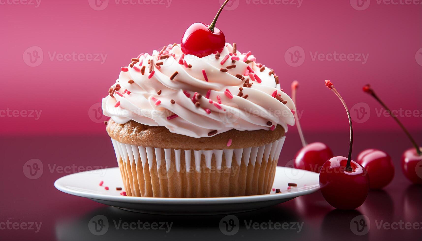 AI generated Freshly baked gourmet cupcakes with sweet fruit icing and chocolate generated by AI photo