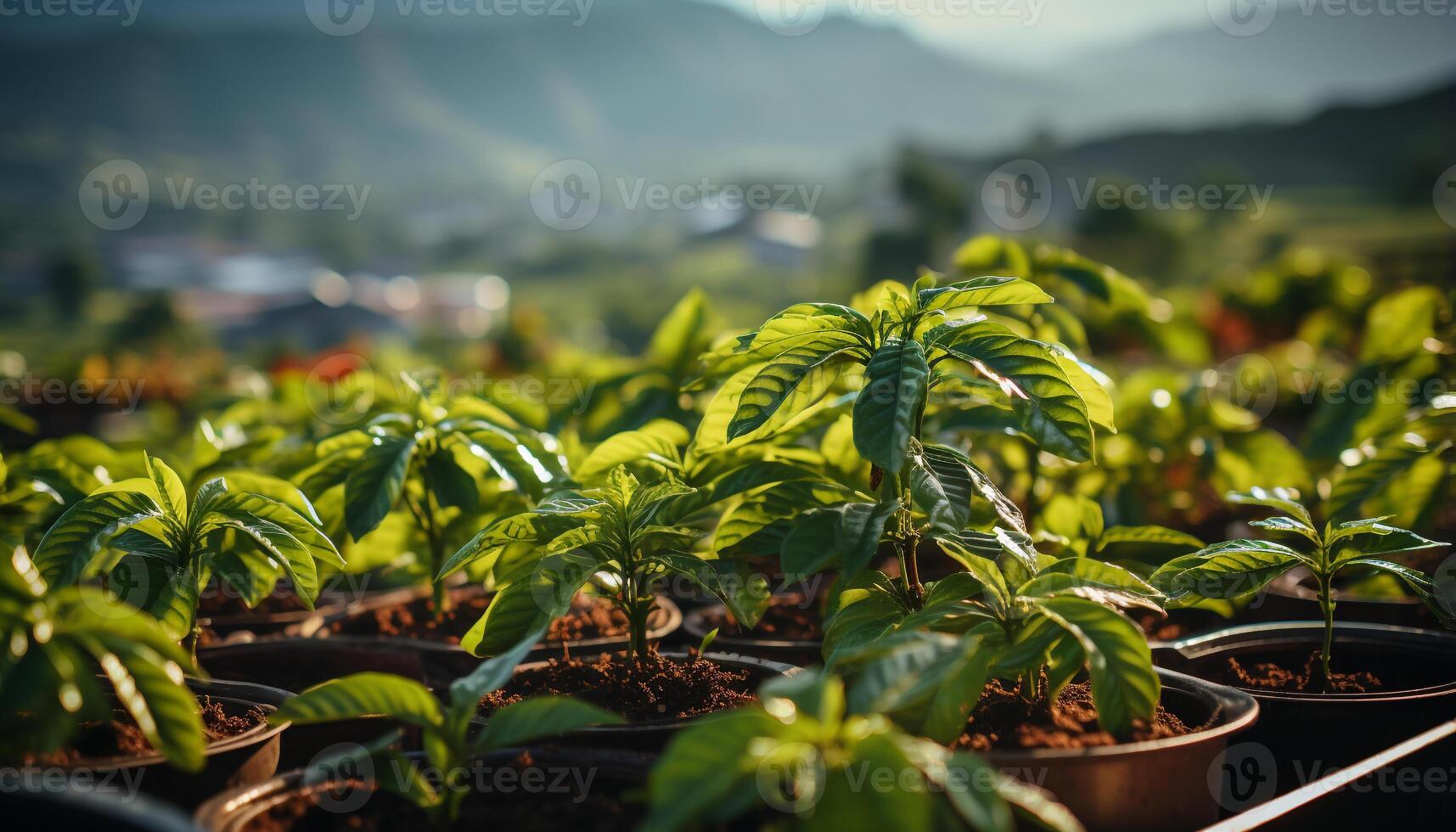AI generated Fresh green leaves grow in nature, a symbol of growth generated by AI photo