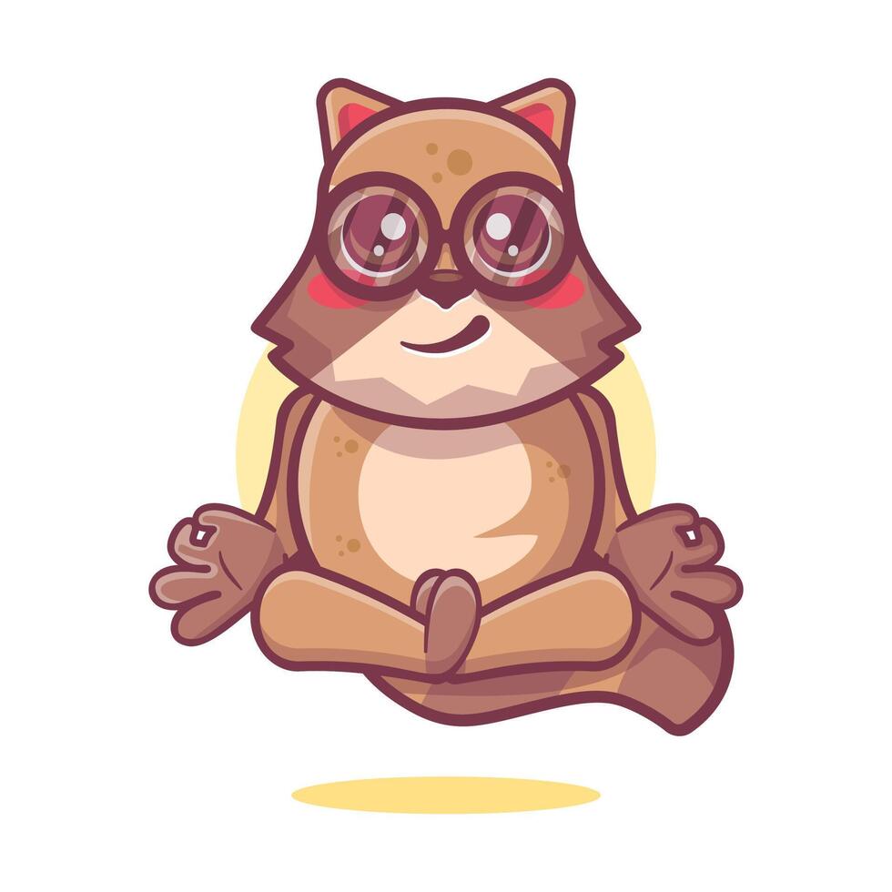 kawaii mapache animal personaje mascota con yoga meditación actitud aislado dibujos animados vector