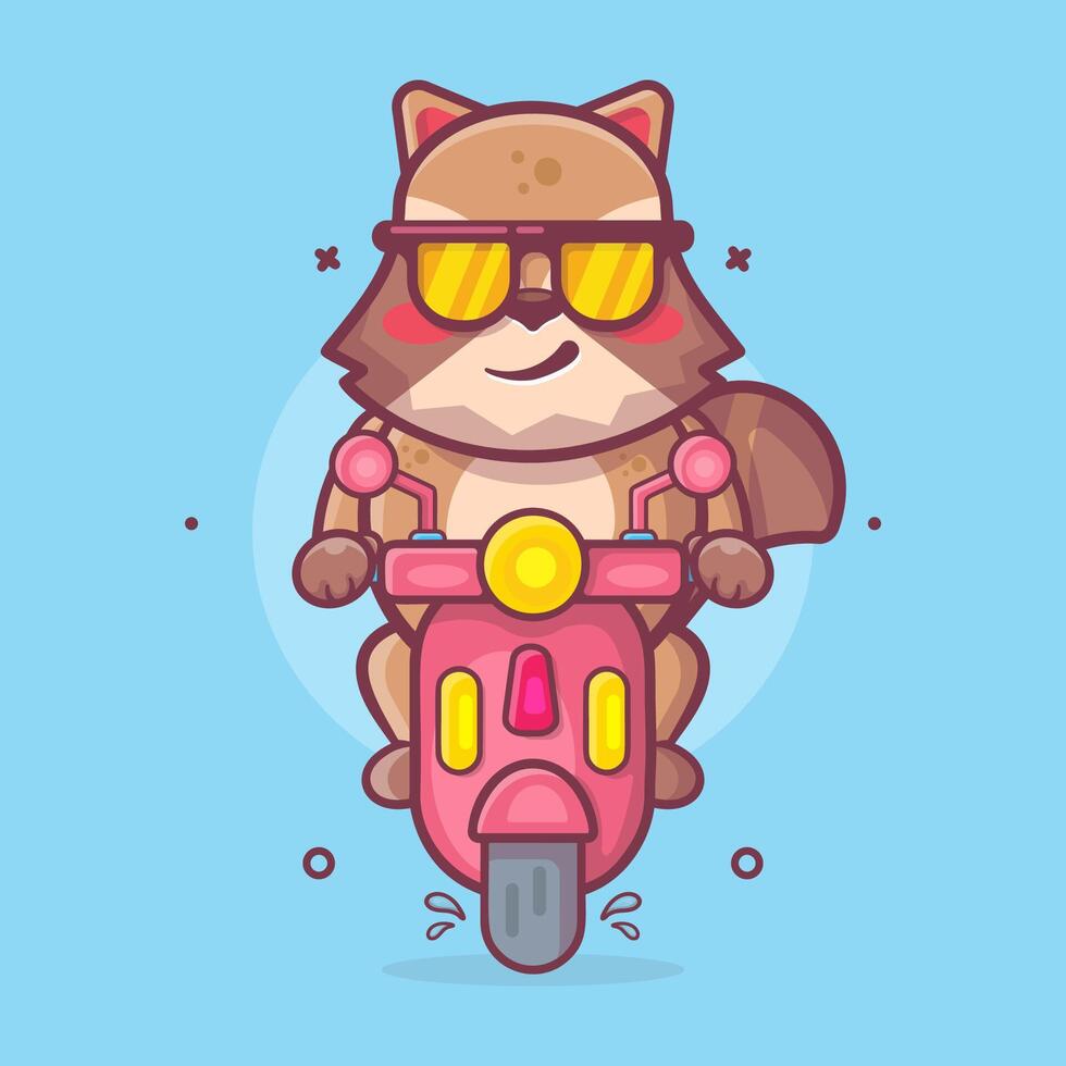 frio mapache animal personaje mascota montando scooter motocicleta aislado dibujos animados vector