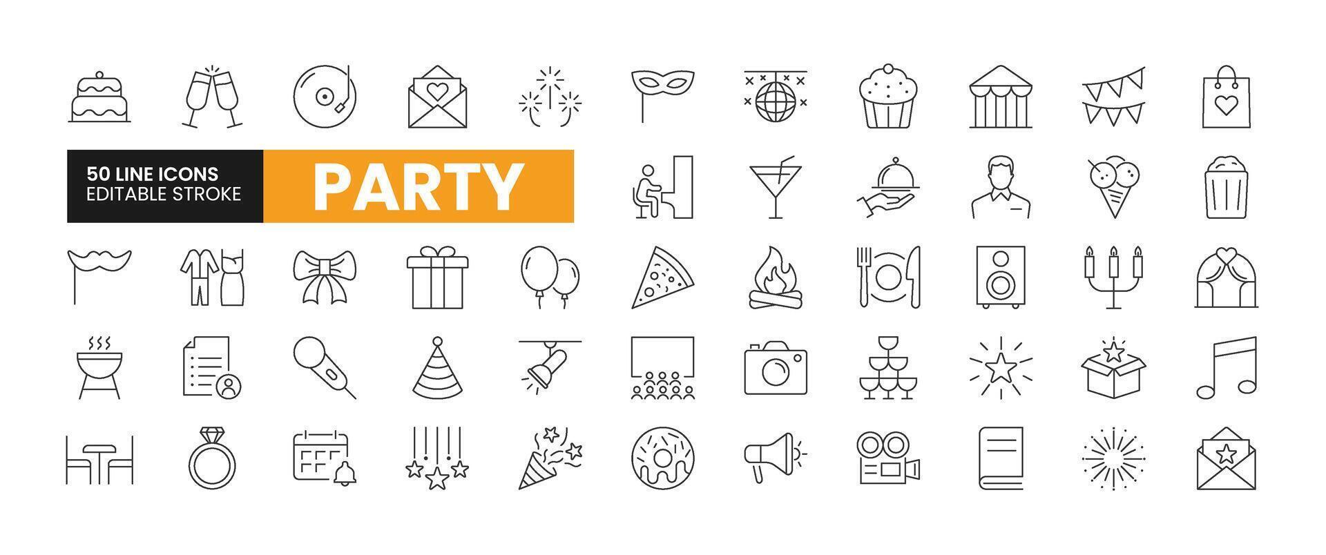 Set of 50 Party and Celebration line icons set. Party outline icons with editable stroke collection. Includes Invitation, Videography, Cake, Gifts, Guest List, and More. vector