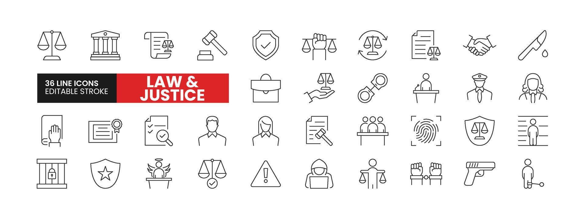 Set of 36 Law and Justice line icons set. Law and Justice outline icons with editable stroke collection. Includes Court, Inspector, Lawyer, Guilty, Arrest, and More. vector