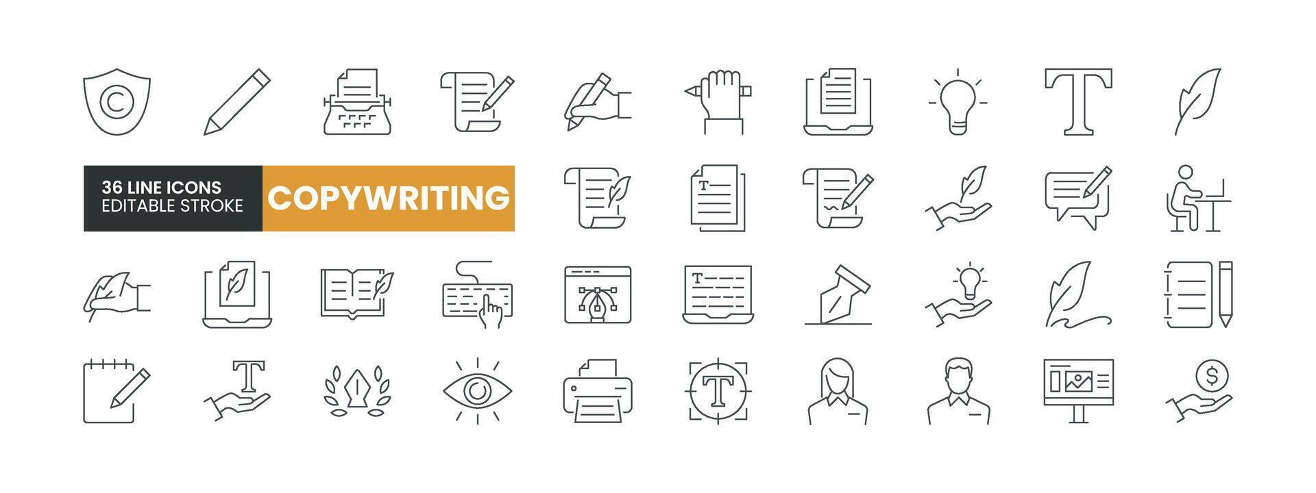 Set of 36 Copywriting line icons set. Copywriting outline icons with editable stroke collection. Includes Writing, Copyright Protection, Writer, Notebook, Blog, and More. vector