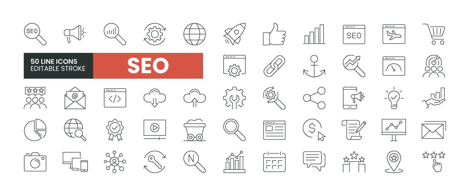 Set of 50 SEO line icons set. SEO outline icons with editable stroke collection. Includes SEO, Email Marketing, Social Media, Affiliates, Data Analytics, and More. vector