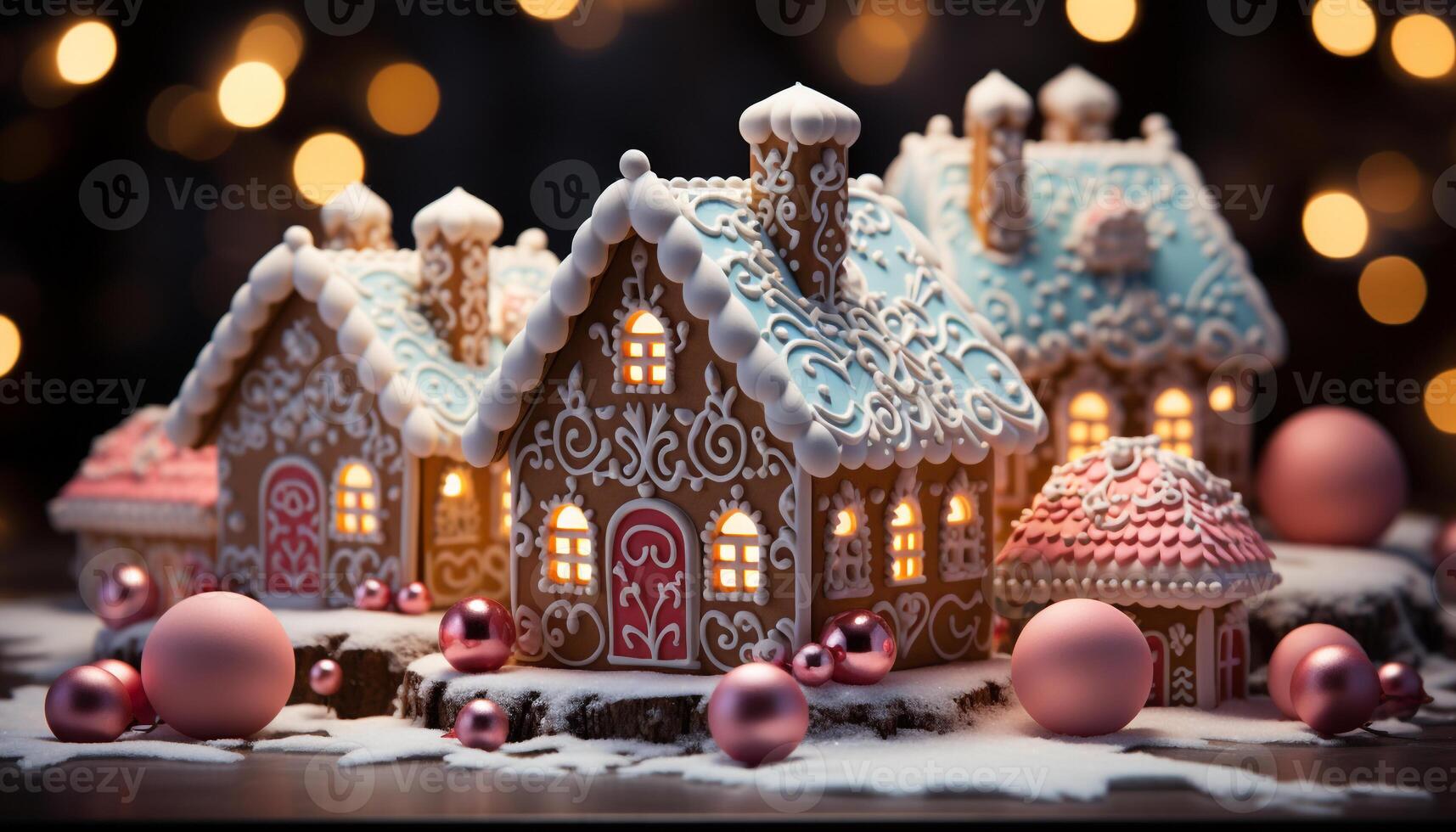 AI generated Homemade gingerbread house decorated with icing, candy, and snowflakes generated by AI photo