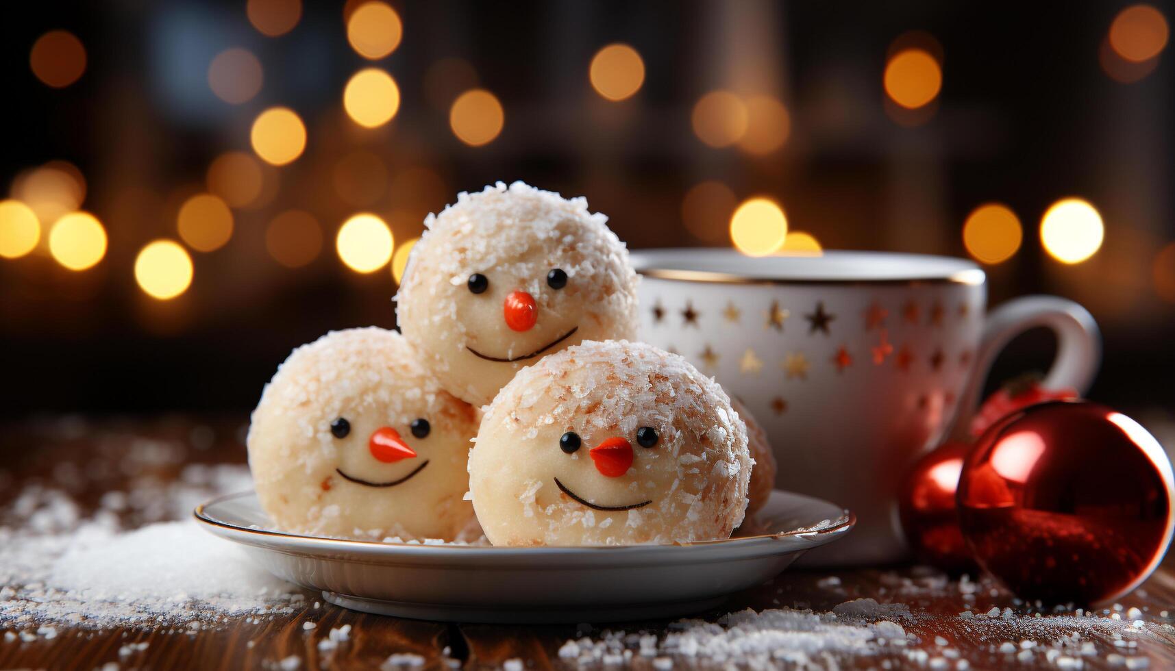 AI generated Smiling snowman brings cheerful winter celebration with sweet homemade cookies generated by AI photo