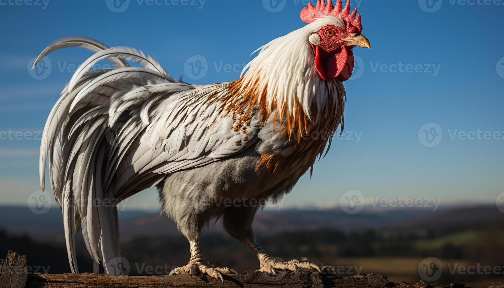 ai generado majestuoso gallo en pie en un amarillo prado, rodeado por naturaleza generado por ai foto