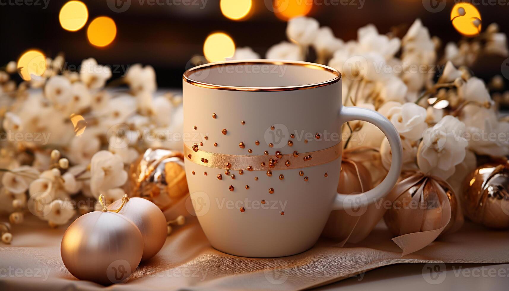 AI generated Cozy winter celebration coffee, chocolate, candle, Christmas lights, decorations generated by AI photo