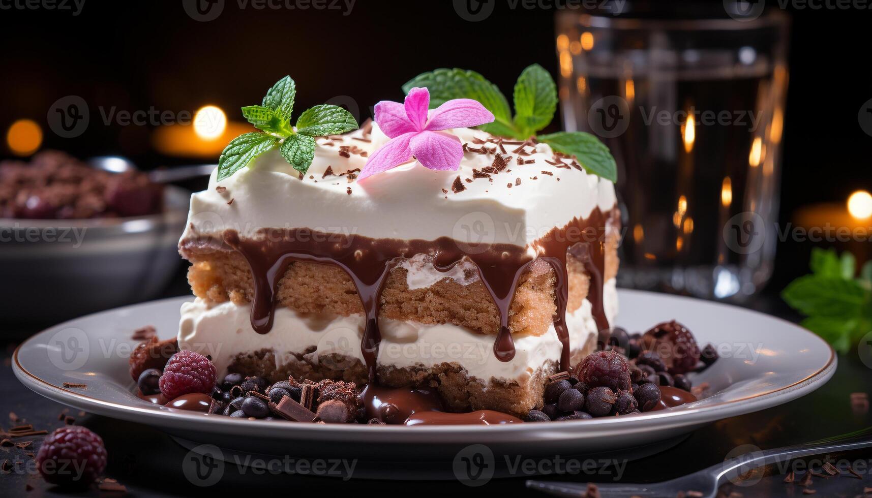 AI generated Homemade chocolate cheesecake with fresh raspberry and mint leaf generated by AI photo