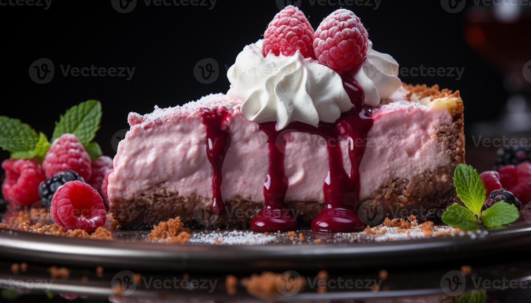 AI generated Homemade gourmet dessert fresh berry slice on chocolate plate generated by AI photo