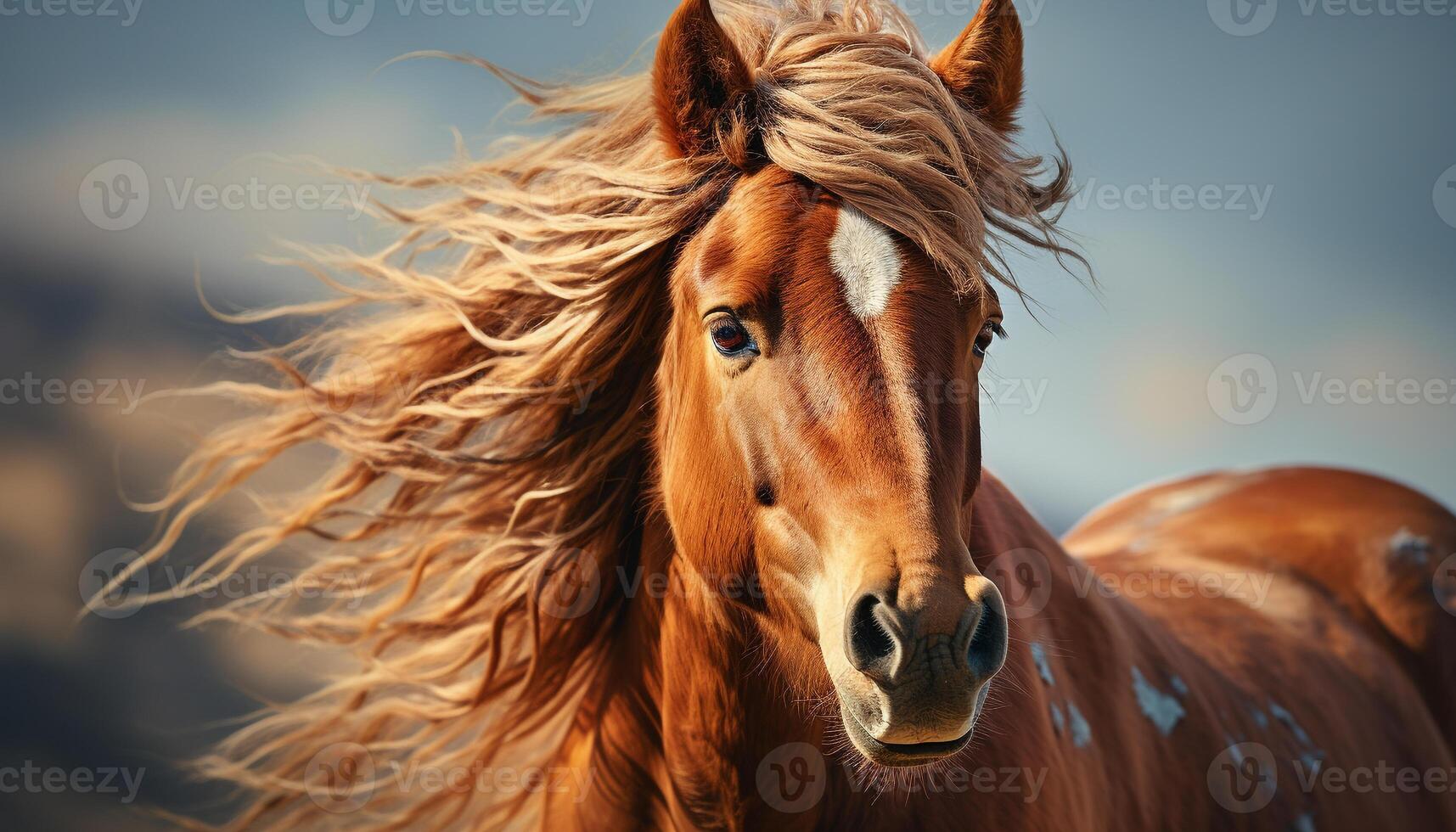 AI generated Beautiful horse running freely in the golden meadow at sunset generated by AI photo