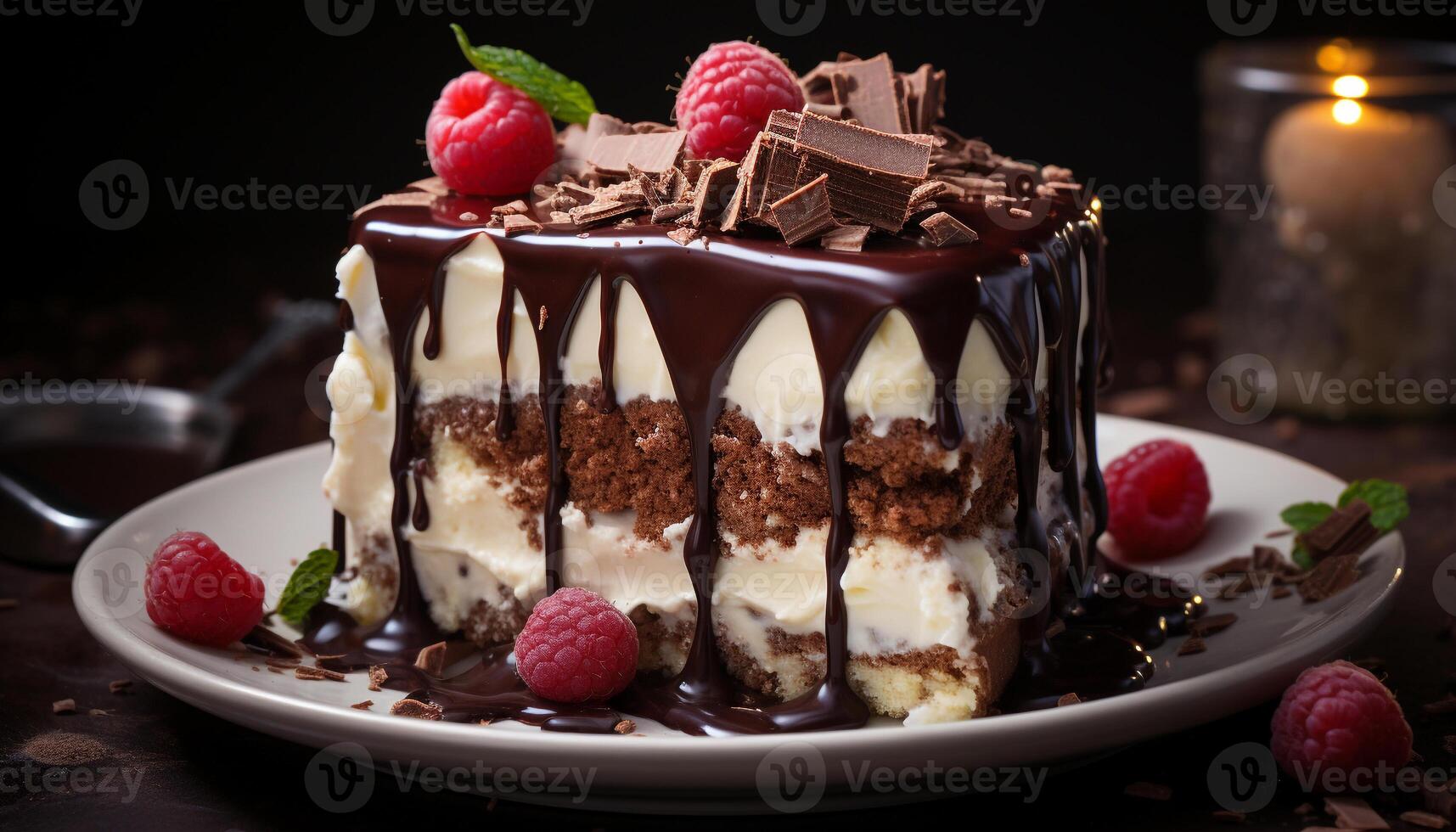 AI generated Freshness and indulgence on a plate homemade chocolate cake with raspberry cream generated by AI photo