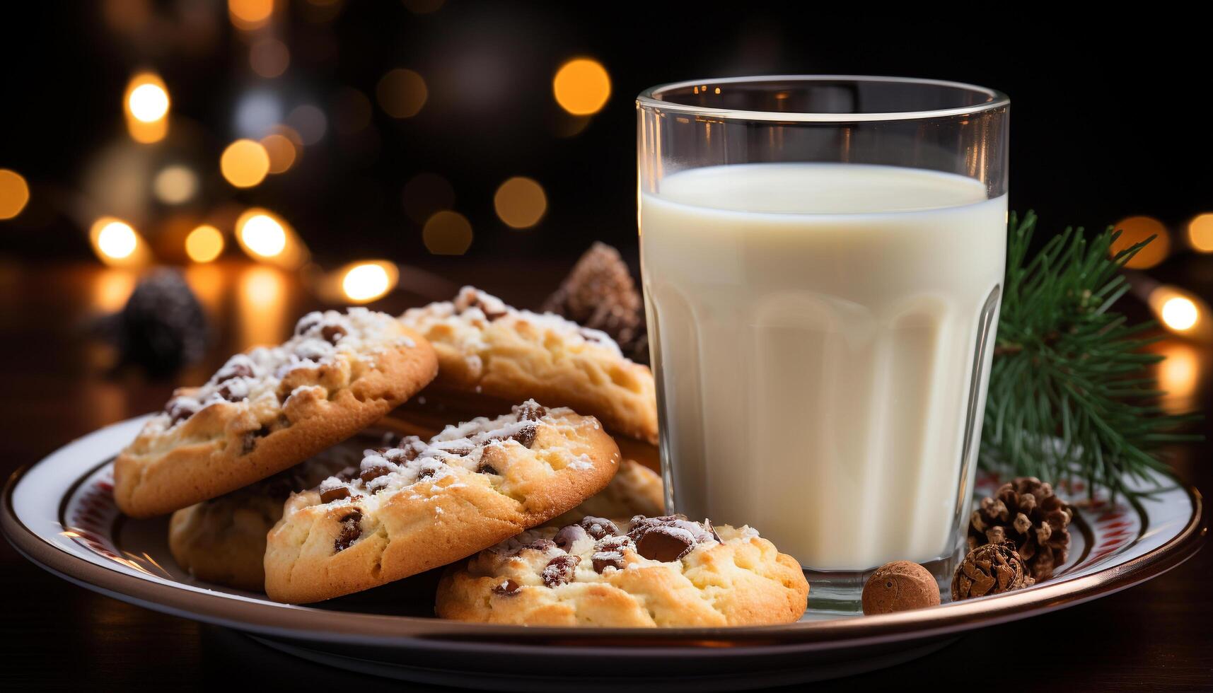 AI generated Homemade dessert chocolate cookie, milk, and sweet refreshment generated by AI photo