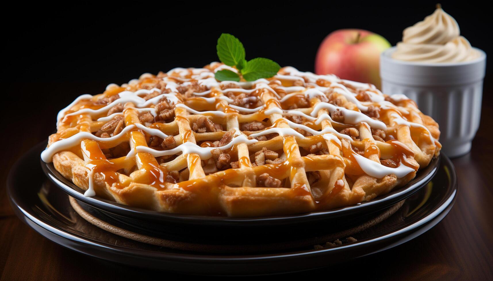 AI generated Homemade dessert sweet pie, whipped cream, chocolate, fresh fruit generated by AI photo