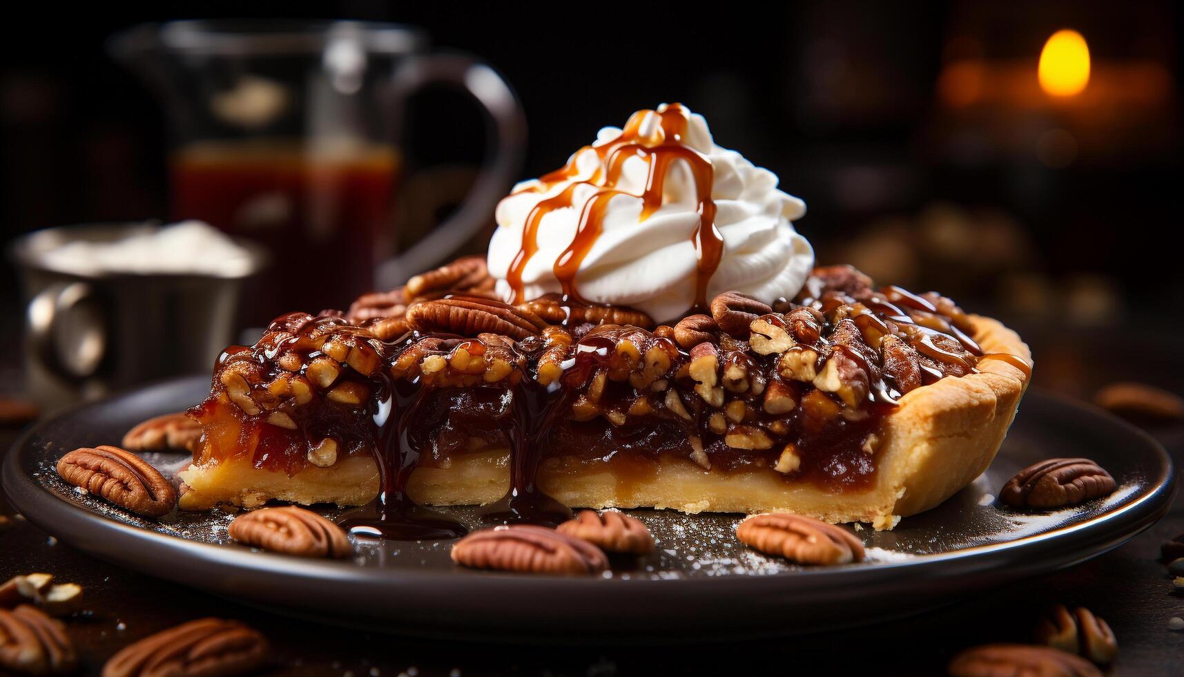 AI generated Freshly baked chocolate dessert on rustic wooden table with whipped cream generated by AI photo