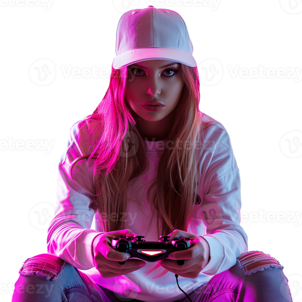 AI generated Woman gamer playing in joystick png