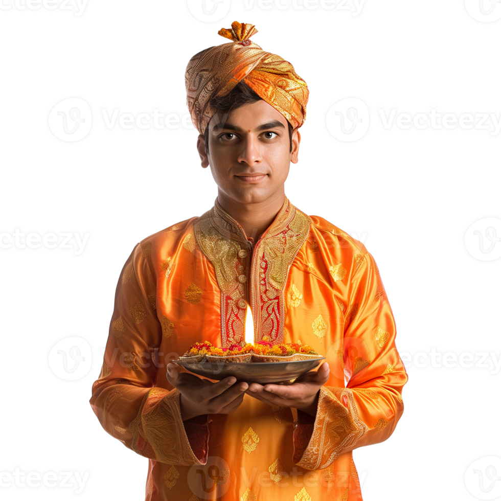 AI generated Man in traditional Indian clothes with Diwali candlelight png