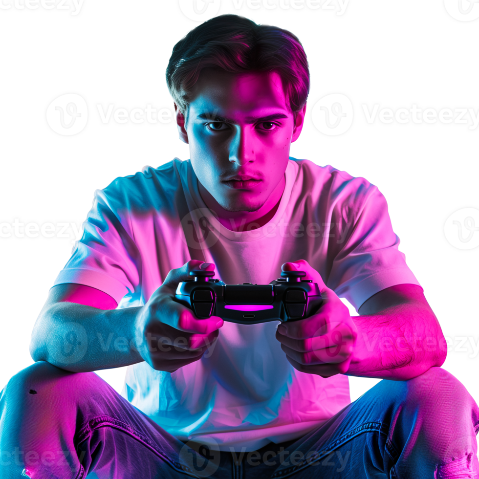 AI generated Man holds joystick in hands in neon light png