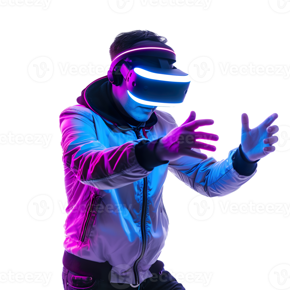 AI generated Man in VR glasses in neon lights png