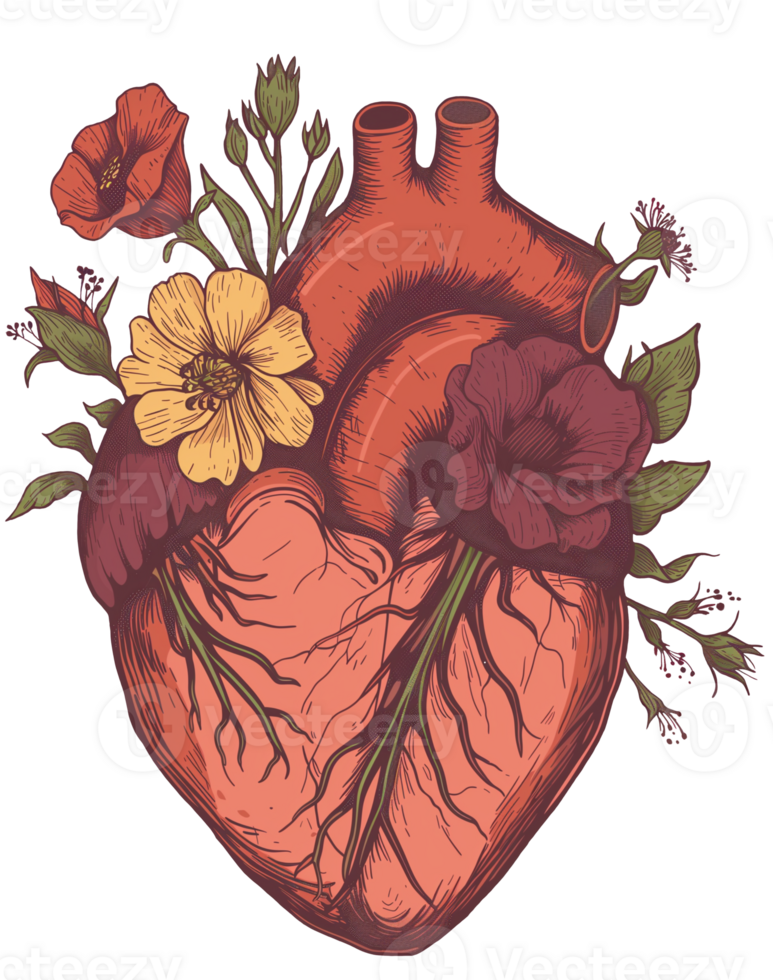 AI Generated Hand Drawn Illustration of Flower Blooming Heart. Valentine's Day T-shirt and Print Template, Png on Transparent Background.