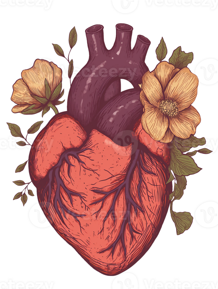 ai genererad hand dragen illustration av blomma blomning hjärta. hjärtans dag t-shirt och skriva ut mall, png på transparent bakgrund.