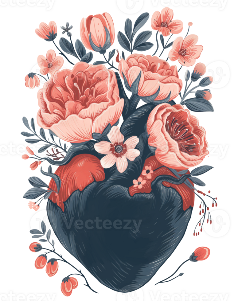 AI Generated Hand Drawn Illustration of Flower Blooming Heart. Valentine's Day T-shirt and Print Template, Png on Transparent Background.