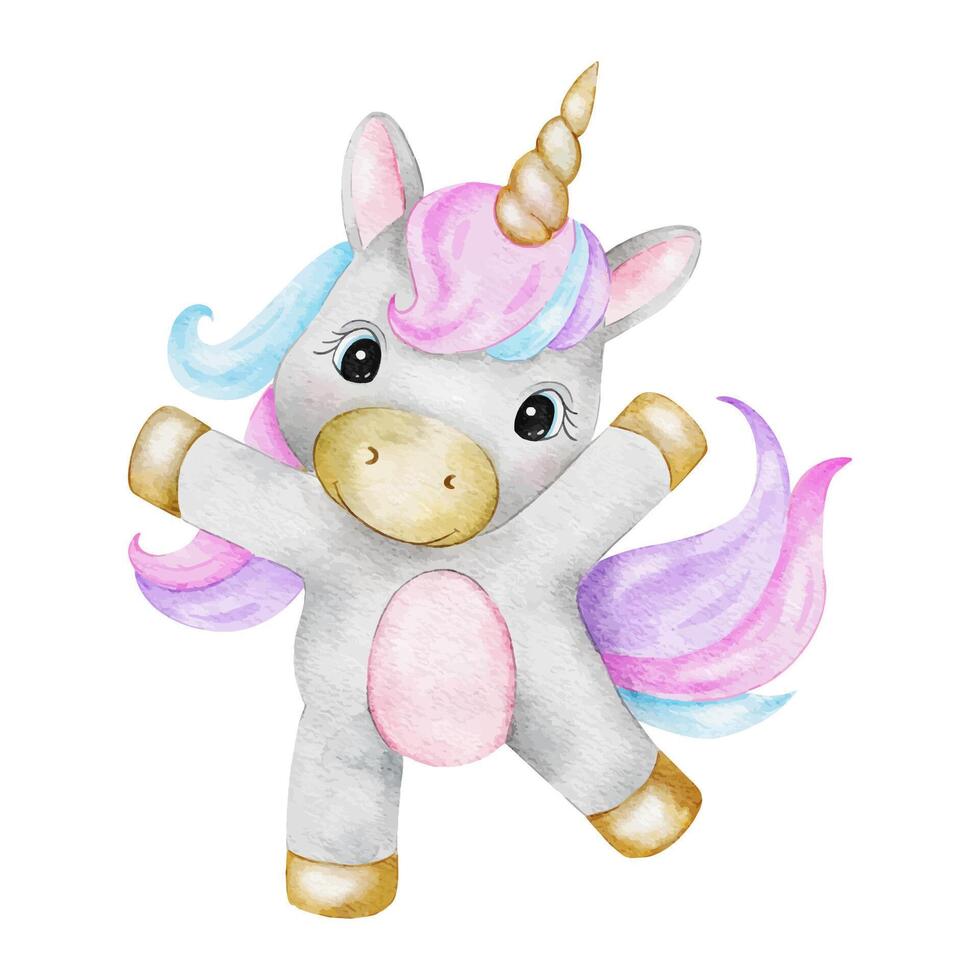 Cute fairytale unicorn. Isolated baby watercolor illustration. Design for logo, kid's goods, clothes, textiles, postcards, posters, baby shower and children's room vector