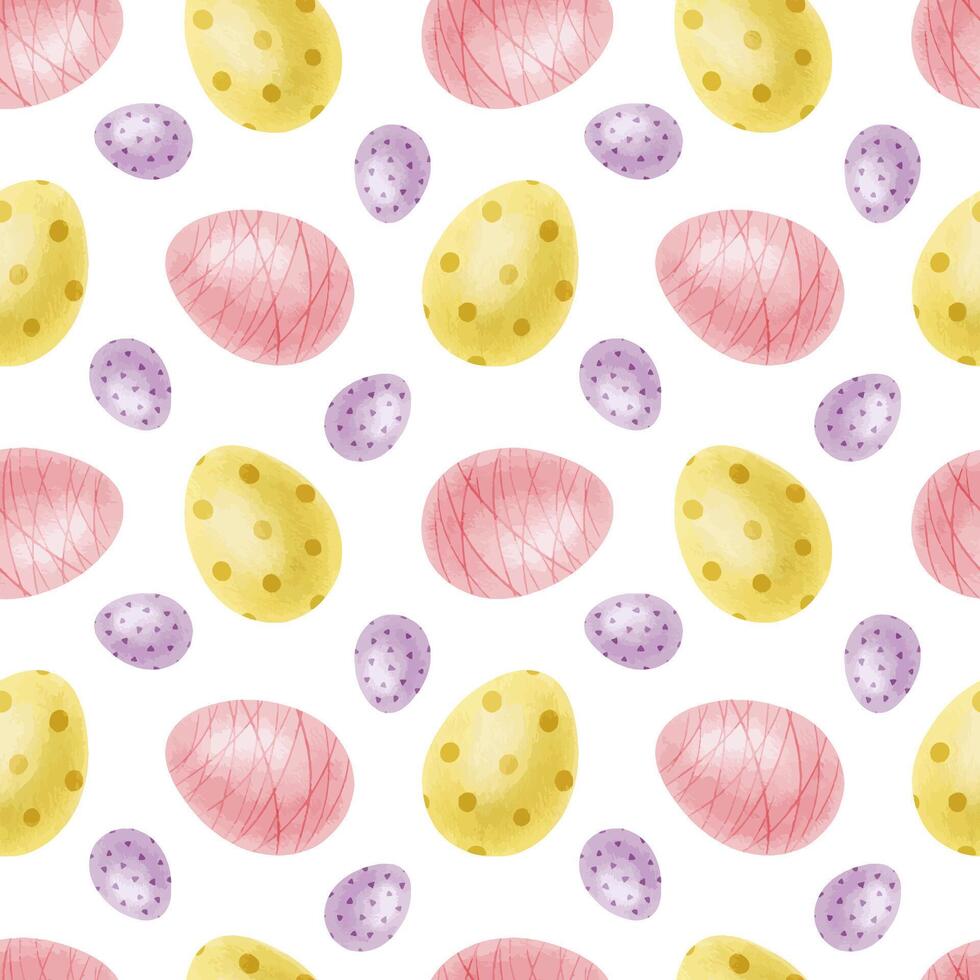 Purple, yellow, pink Easter eggs. Spring watercolor seamless pattern. Cute Print for Easter decorations. Template for Easter cards, covers, posters, invitations, scrapbooking, packaging papers vector