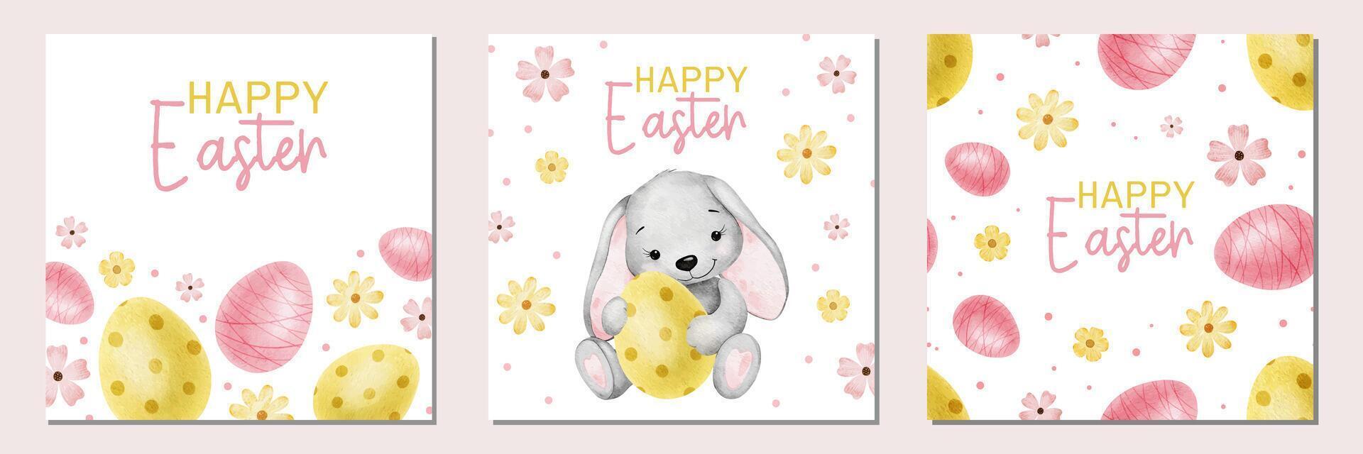 Frame of cute colorful Easter eggs, flowers and leaves. Paschal Concept with yellow and pink Easter Eggs. Isolated watercolor illustration. Template for Easter cards, covers, posters and invitations. vector