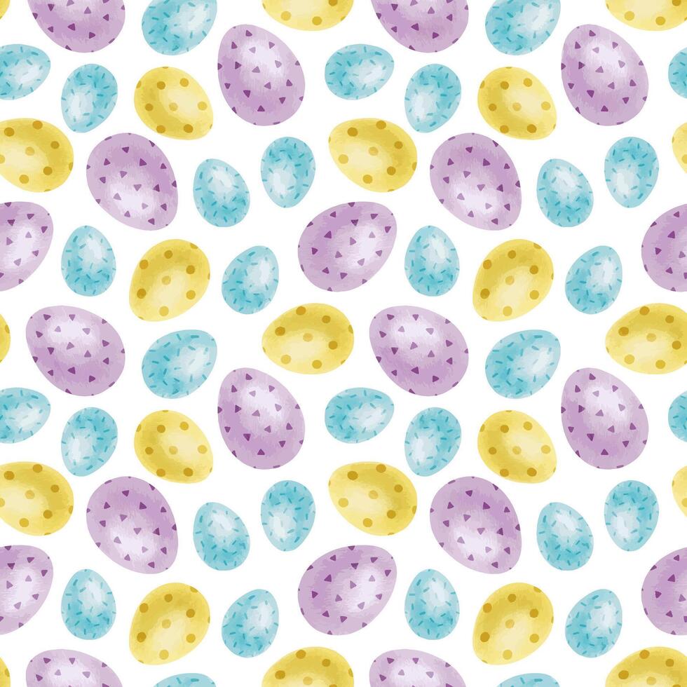 Blue, yellow, purple Easter eggs. Spring watercolor seamless pattern. Cute Print for Easter decorations. Template for Easter cards, covers, posters, invitations, scrapbooking, packaging papers vector