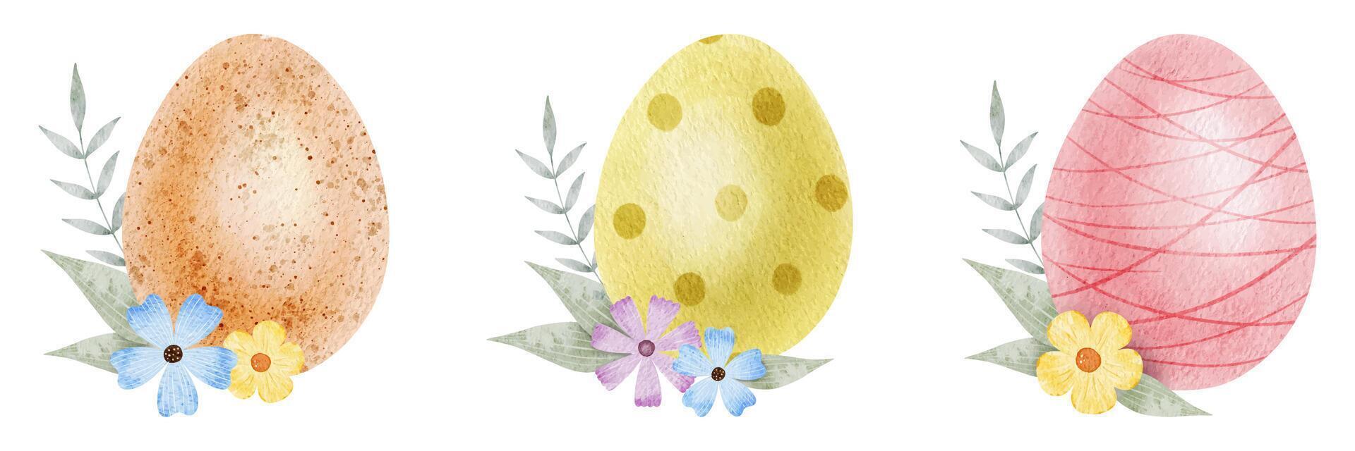 Frame of cute colorful Easter eggs, flowers and leaves. Background with Easter Eggs with Pastel Colors. Isolated watercolor illustration. Template for Easter cards, covers, posters and invitations. vector