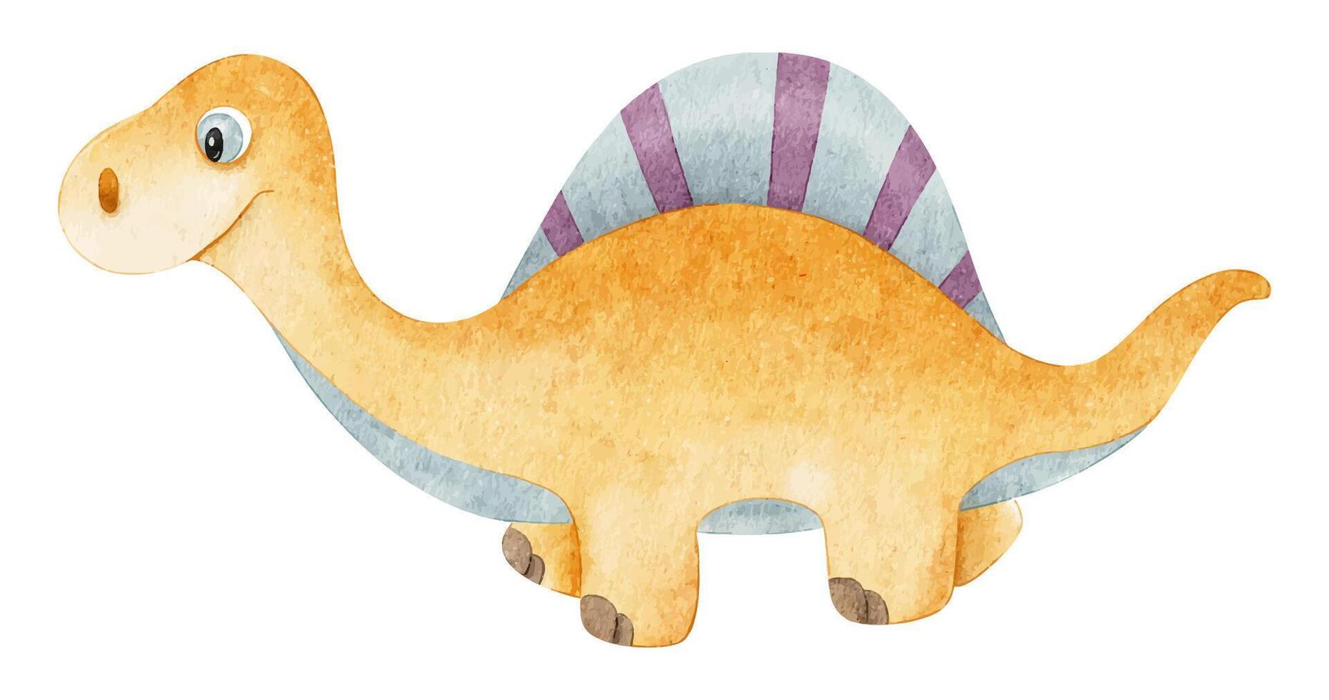 Cute orange dinosaur. Isolated hand drawn watercolor illustration of dino. A clipart of spinosaurus for children's invitation cards, baby shower, decoration of kid's rooms and clothes. vector