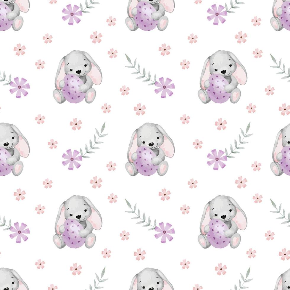 Easter Spring watercolor seamless pattern with Easter rabbit, eggs,flowers, leaves. Print for Easter decorations. Template for Easter cards, covers, poster, invitations, scrapbooking, packaging papers vector