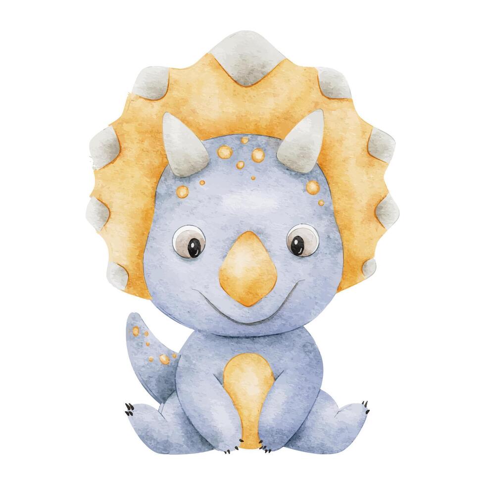 linda azul dinosaurio. aislado mano dibujado acuarela ilustración de dinosaurio un clipart de triceratops para para niños invitación tarjetas, bebé ducha, decoración de niño habitaciones y ropa. vector