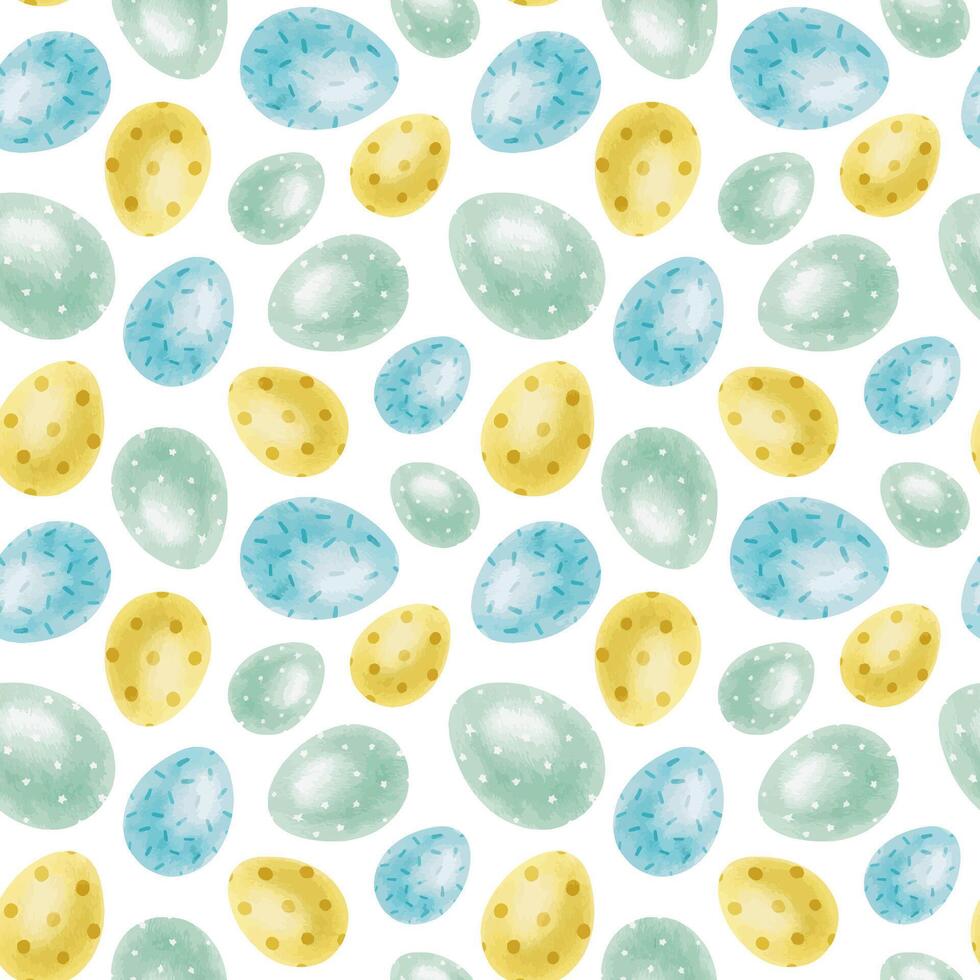 Blue, yellow, green Easter eggs. Spring watercolor seamless pattern. Cute Print for Easter decorations. Template for Easter cards, covers, posters, invitations, scrapbooking, packaging papers vector