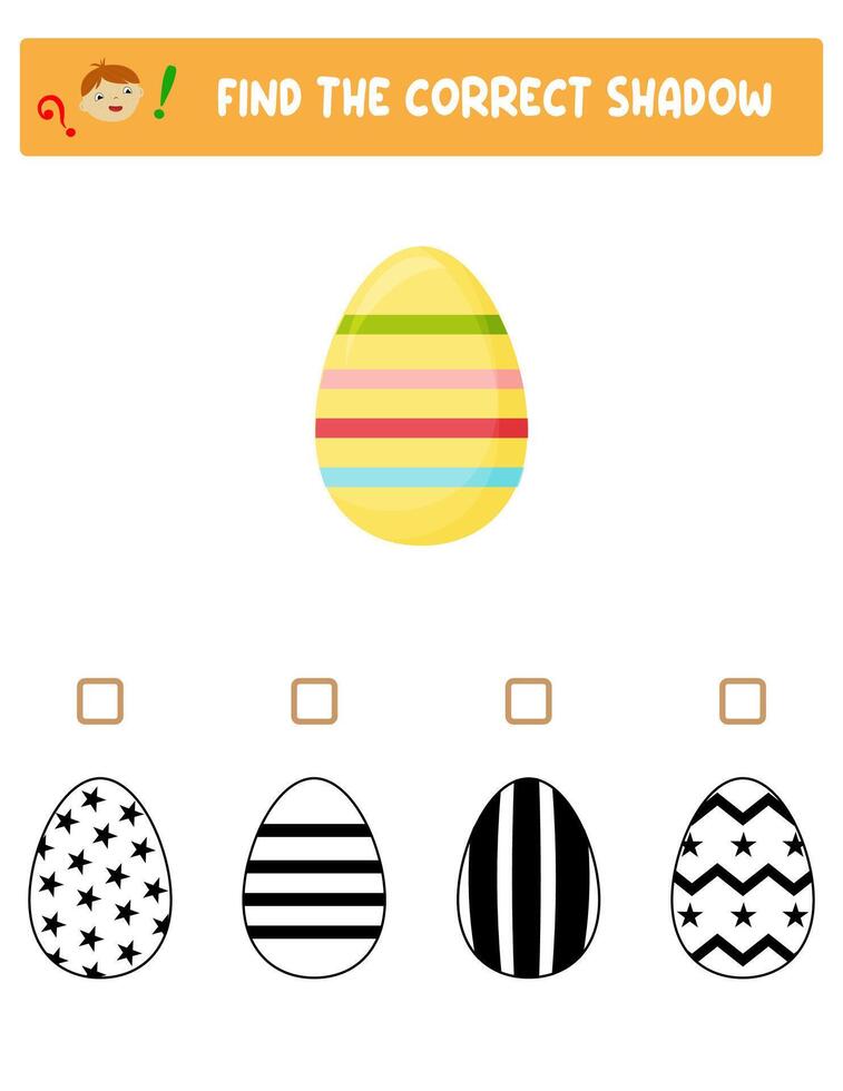Find the right shadow. Colorful and black and white Easter eggs.Educational game with eggs. Logic games for children with an answer.A training card with a task for preschool and kindergarten children. vector