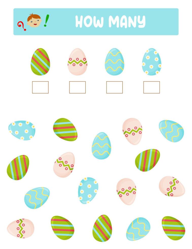 Counting Game for Preschool Children. Educational a mathematical game. Count how many  eggs and write the result. Math worksheet for kids. vector