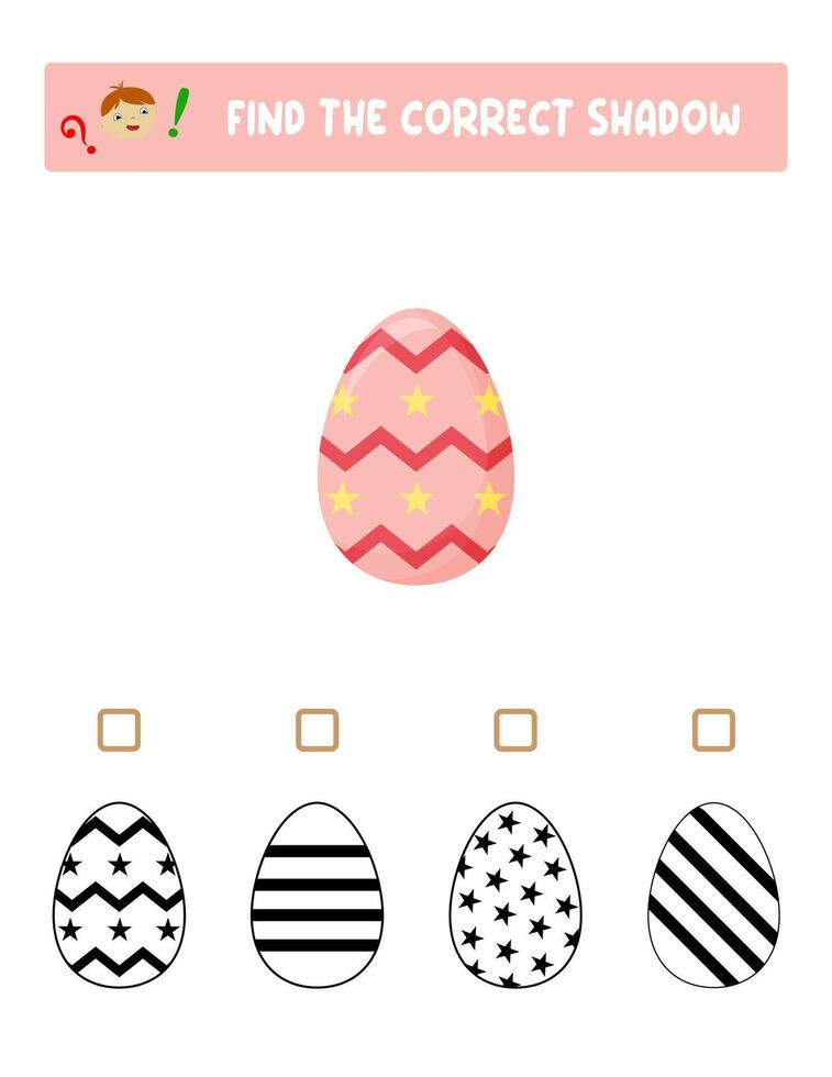 Find the right shadow. Colorful and black and white Easter eggs.Educational game with eggs. Logic games for children with an answer.A training card with a task for preschool and kindergarten children. vector