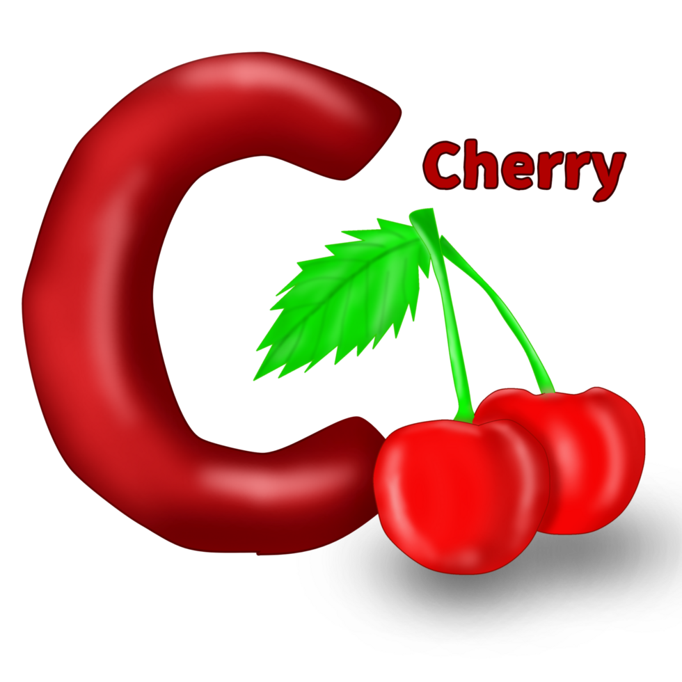 Alphabet with animated fruits, letter C for cherry. cartoon alphabet illustration isolated on transparent background png