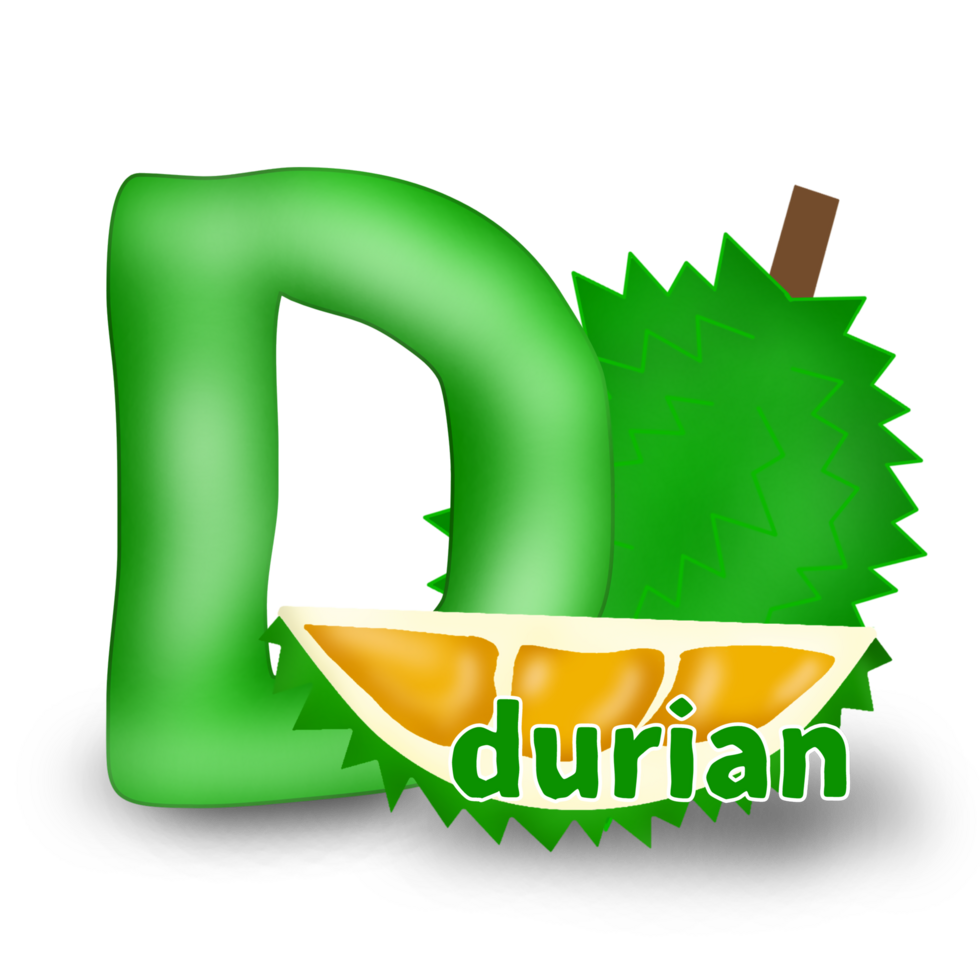 Alphabet with animated fruits, letter D for durian. cartoon alphabet illustration isolated on transparent background png