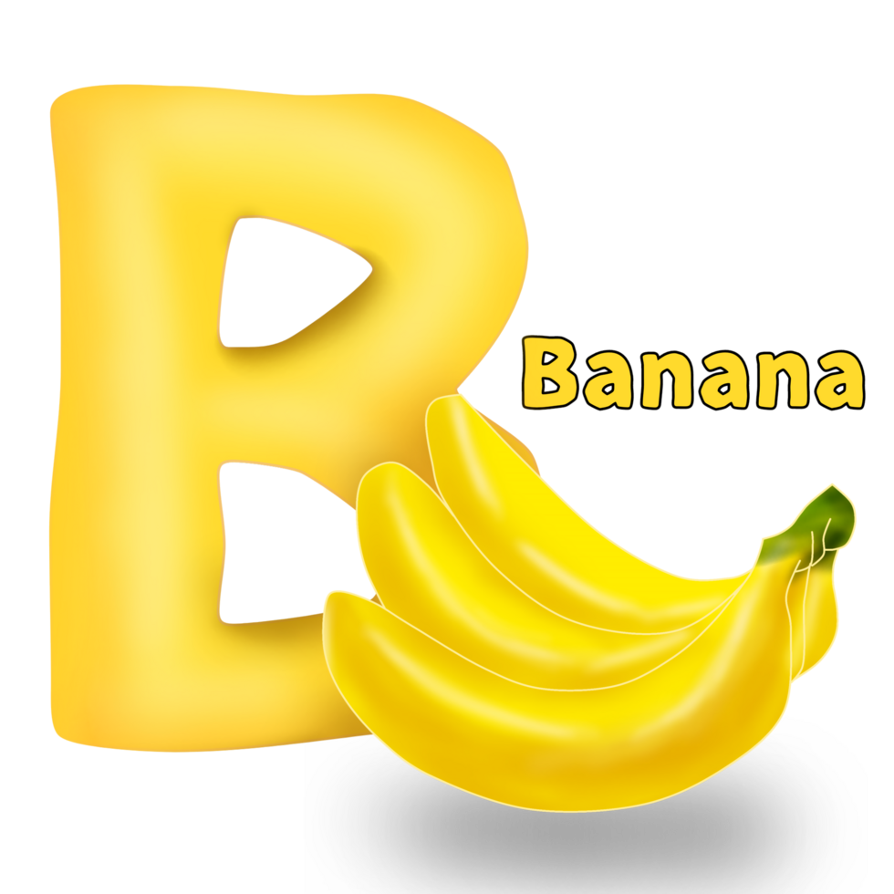 Alphabet with animated fruits, letter B for banana. cartoon alphabet illustration isolated on transparent background png