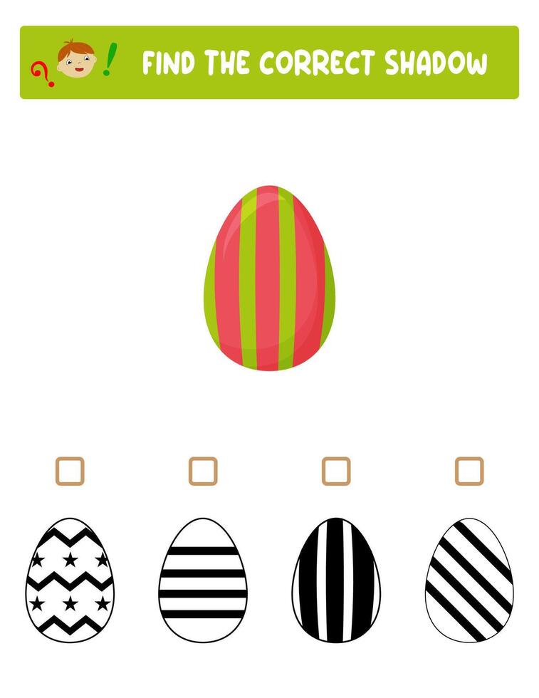 Find the right shadow. Colorful and black and white Easter eggs.Educational game with eggs. Logic games for children with an answer.A training card with a task for preschool and kindergarten children. vector